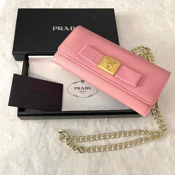 Auc Prada Saffiano Lether Bow Flap long Wallet on Chain Mint conditin! - Picture 15 of 16